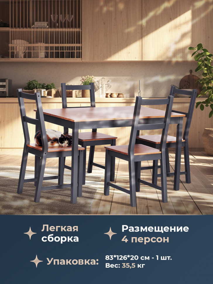 Обеденный комплект Соната (стол + 4 стула) / Sonata dining set массив сосны, стол: 120х75х73см  стул :41х50х95см, антик /графит