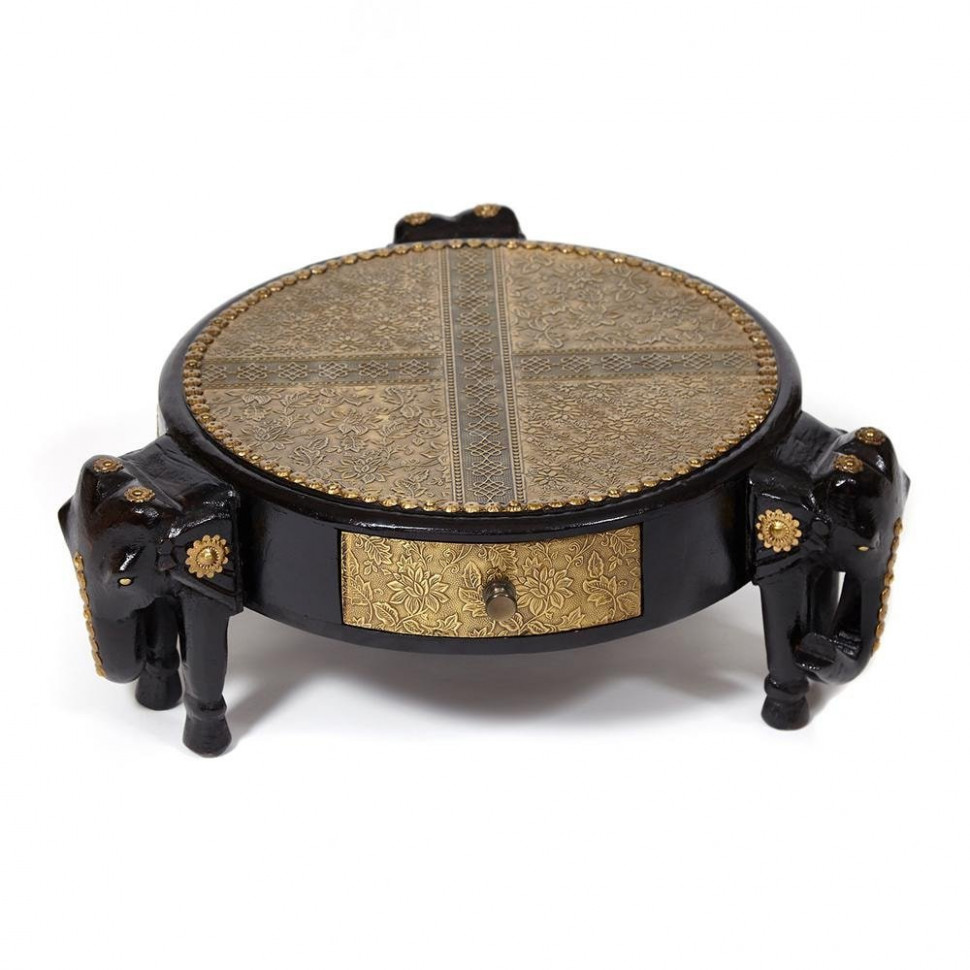 Столик Secret De Maison 3 SLONA (мод. ND-005) дерево манго/латунная чеканка, Dia 48. В 19 см, этническая роспись