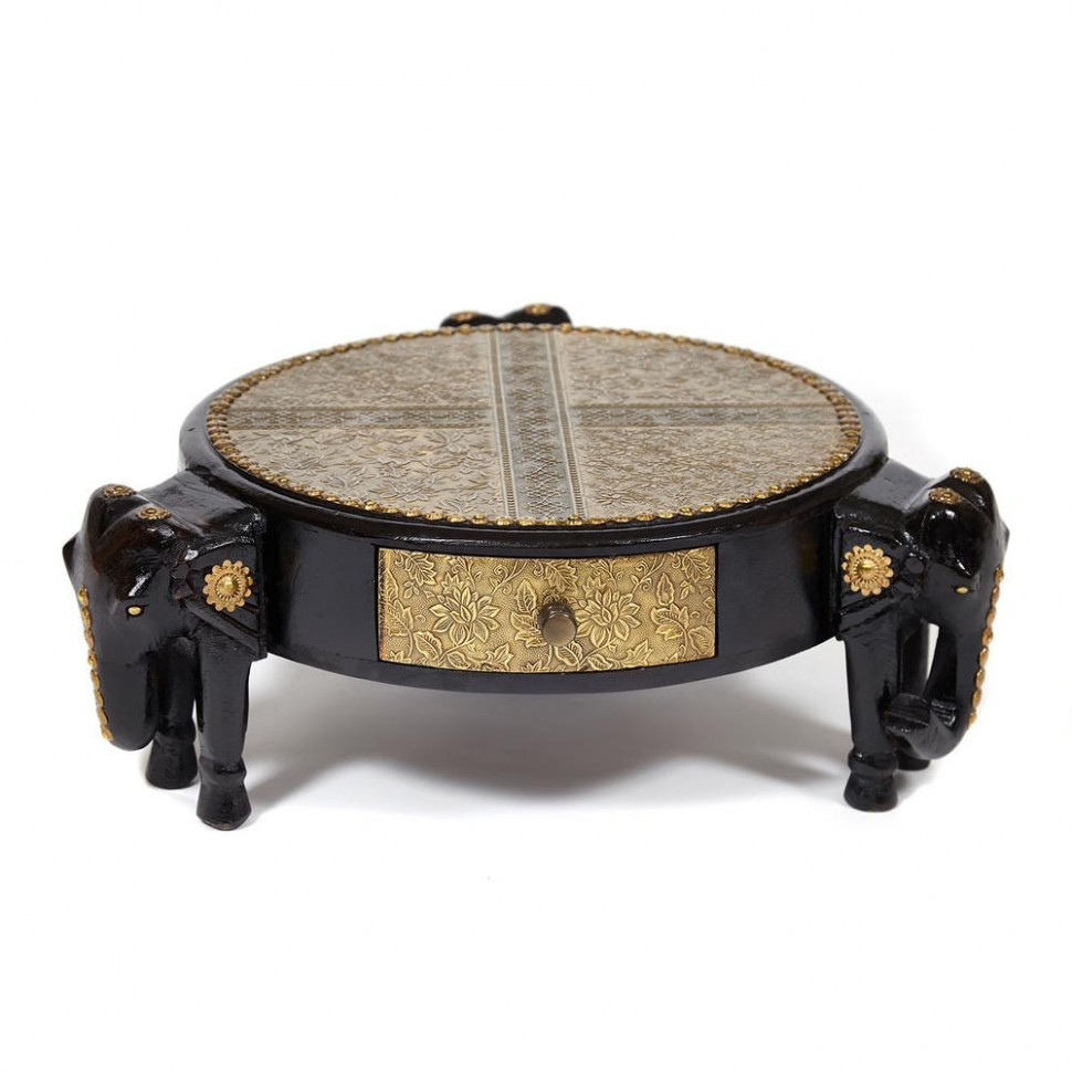 Столик Secret De Maison 3 SLONA (мод. ND-005) дерево манго/латунная чеканка, Dia 48. В 19 см, этническая роспись