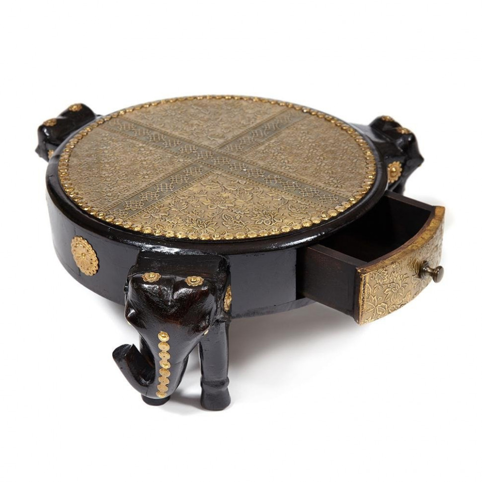 Столик Secret De Maison 3 SLONA (мод. ND-005) дерево манго/латунная чеканка, Dia 48. В 19 см, этническая роспись