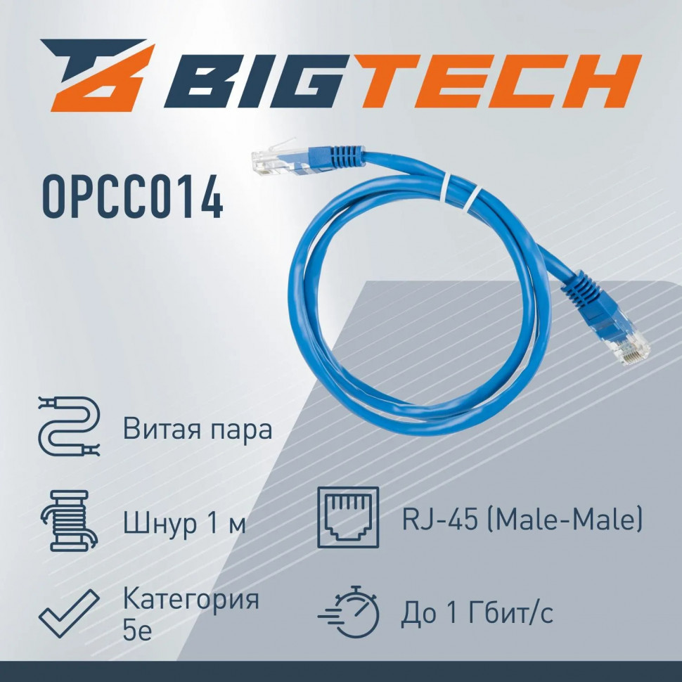 Патч-корд BigTech OPCC014 UTP CCA кат.5e/1м/литой/многожильный (синий)