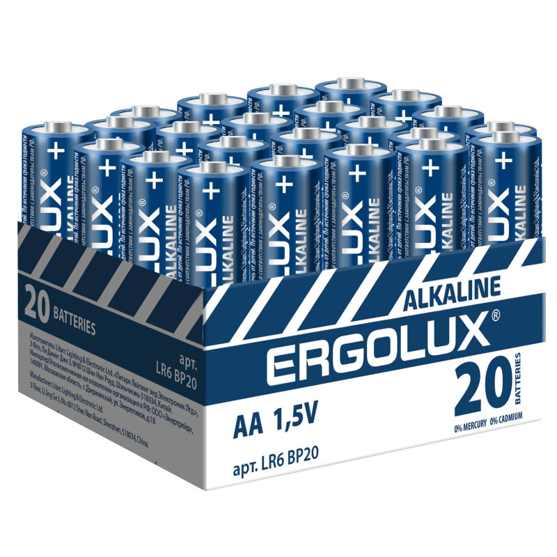 Батарейка Ergolux AA/LR 6 Alkaline BP-20 (LR 6 BP20, 1.5В) (20 шт в уп.)
