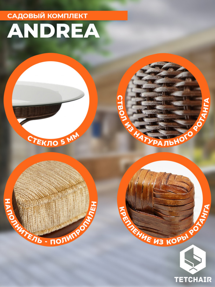 Комплект обеденный "ANDREA GRAND" (стол со стеклом+6 кресел+ подушки) Pecan Washed (античн. орех), Ткань рубчик, цвет кремовый