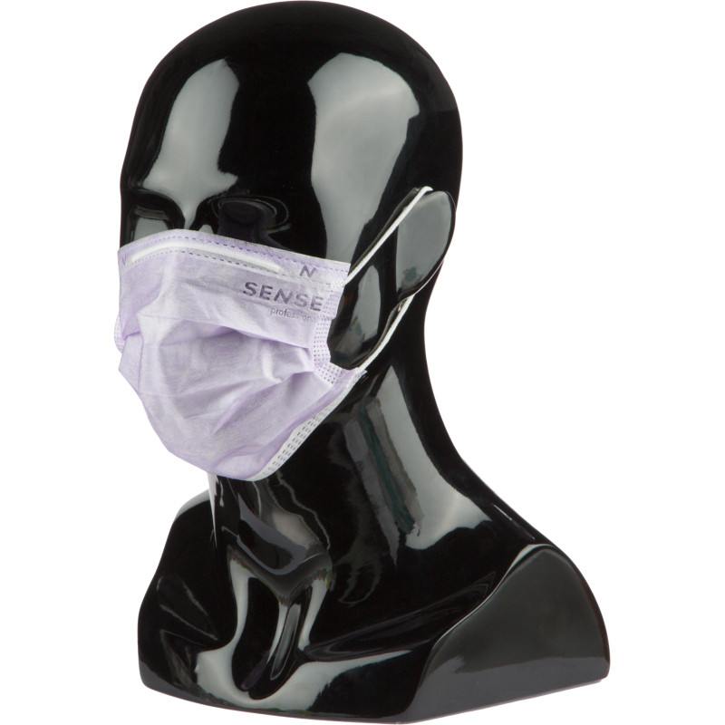 Маска медицинская 3-х сл., резинка, лиловый, Sense, картон 50шт/уп