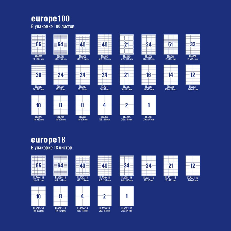 Этикетки самоклеящиеся Europe ELA049-18,52,5x29,7мм,40шт на листеА4 18л/уп.