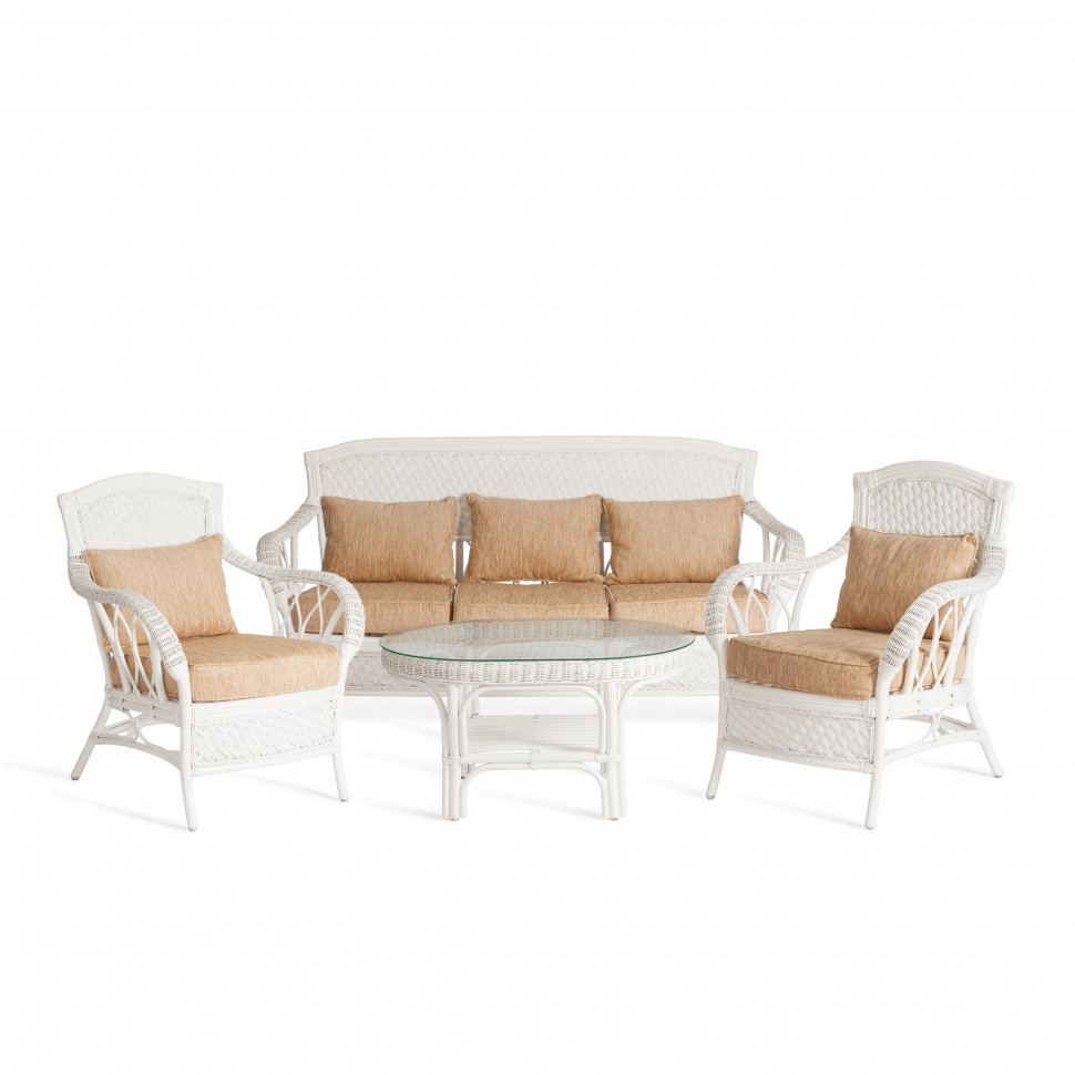 Комплект для отдыха "Andrea/Андреа" (диван + 2 кресла + журн. столик со стеклом + подушки) белый, ткань рубчик, цвет кремовый