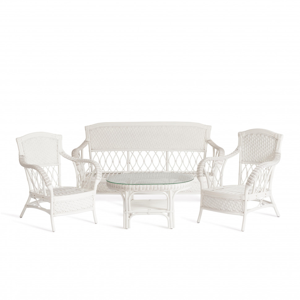 Комплект для отдыха "Andrea/Андреа" (диван + 2 кресла + журн. столик со стеклом + подушки) белый, ткань рубчик, цвет кремовый