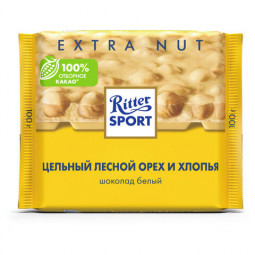 Шоколад RITTER SPORT "Extra Nut", белый, с цельным лесным орехом и хлопьями, 100 г, Германия, 7016