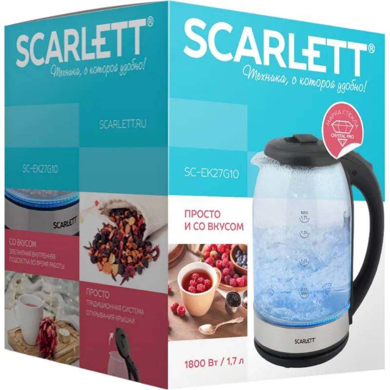 Чайник Scarlett SC-EK27G10, 2200Вт, 1.8л, стекло/сталь