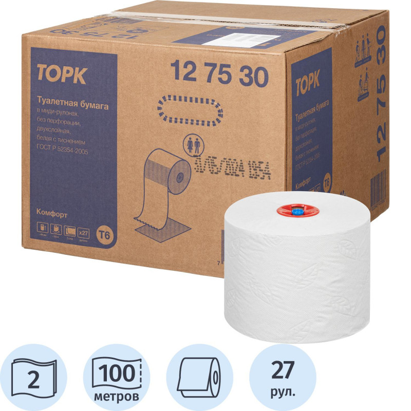 Бумага туалетная д/дисп Торк в миди-рулонах Т6 Комфорт2слбел100м27рул127530