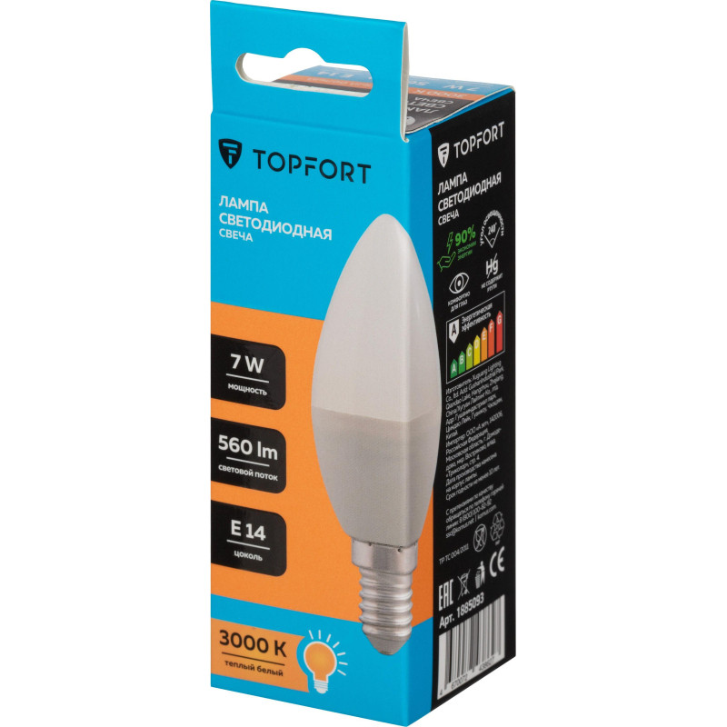 Лампа светодиодная Topfort E14 7W 3000K свеча