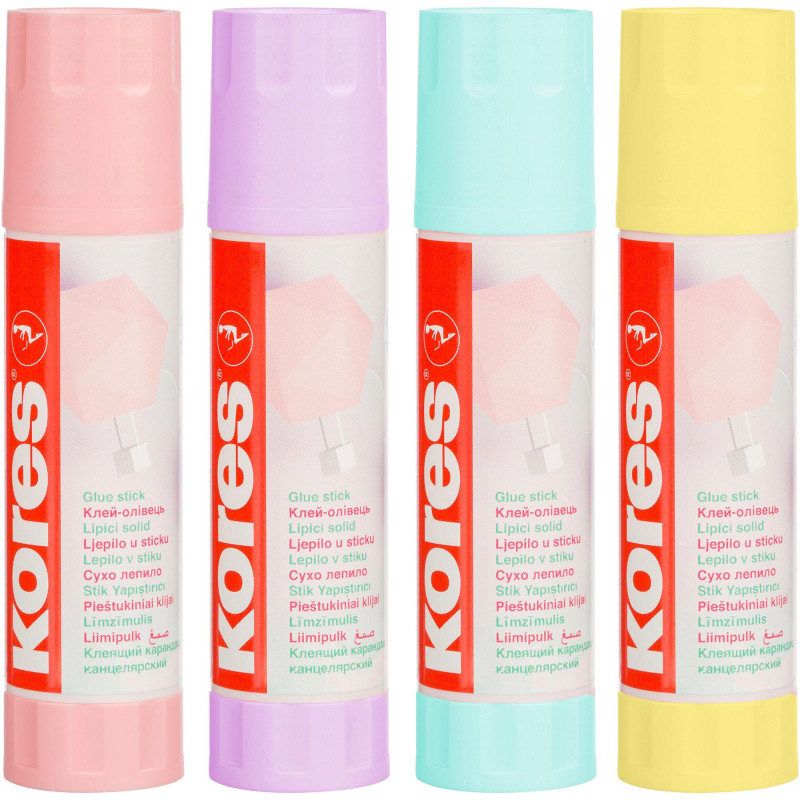 Клей-карандаш 20г Kores Pastel ассорти:розовый, желтый, фиолетовый ,мятный