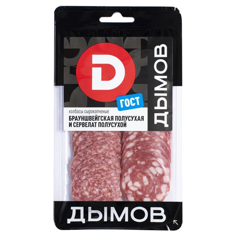 Колбаса Дымов ассорти Брауншвейгская+Сервелат с/к нарезка,90гр