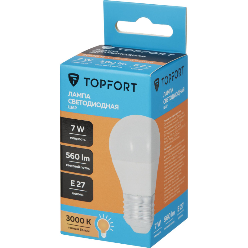 Лампа светодиодная Topfort E27 7W 3000K шар