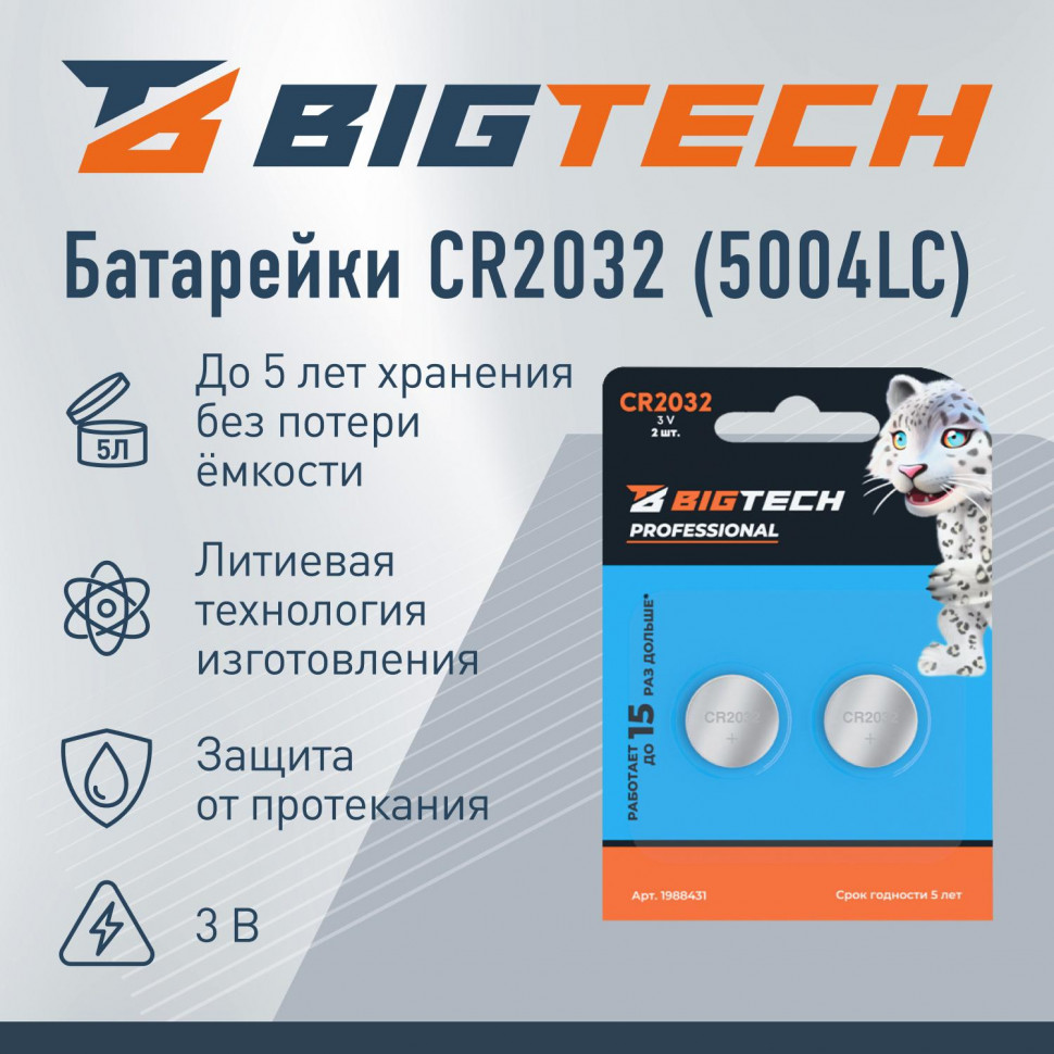 Батарейка BigTech Professional, литиевая, CR2032, бл/2шт Батарейка BigTech Professional, литиевая, CR2032, бл/2шт