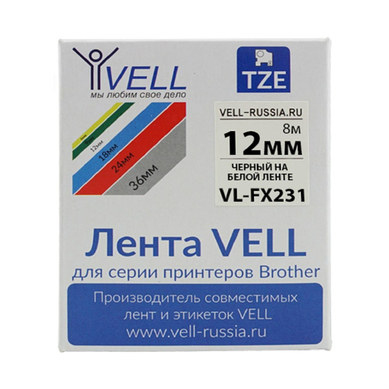 Картридж VL-FX231 Vell (Brother TZE-FX231, 12 мм, черный на белом) для PT