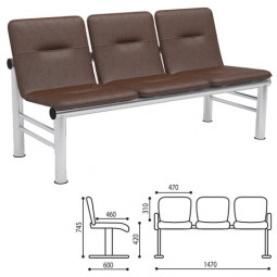 Кресло для посетителей трехсекционное "Троя", 745х1470х600 мм, светлый каркас, кожзам коричневый, СМ 105-03 К006