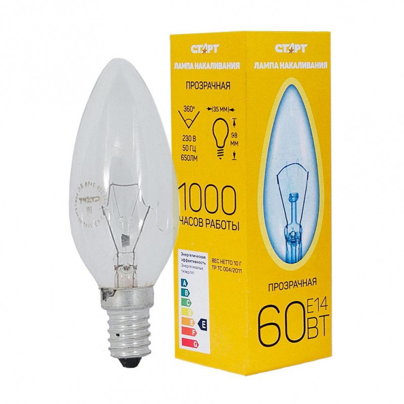 Электрическая лампа СТАРТ свеча/прозрачная 60W E14