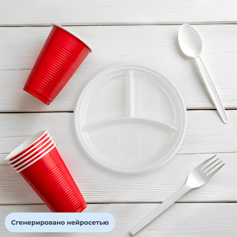 Тарелка одноразовая d-205мм, 3-х секционная белая, ПС 100шт/уп
