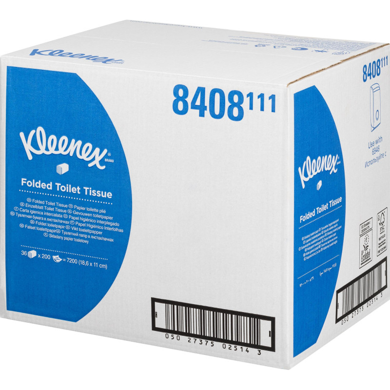 Бумага туалетная листовая д/дисп KK Kleenex 2сл бел 200лист 36 пач. 8408