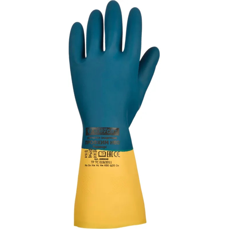 Перчатки КЩС латекс/неопрен TopFort Профхим Нео К80 Щ50 цв.желт/син р.7
