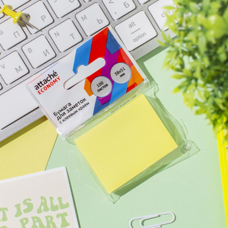 Стикеры Attache Economy с клеев.краем 38x51 мм, 100 лист неоновый желтый