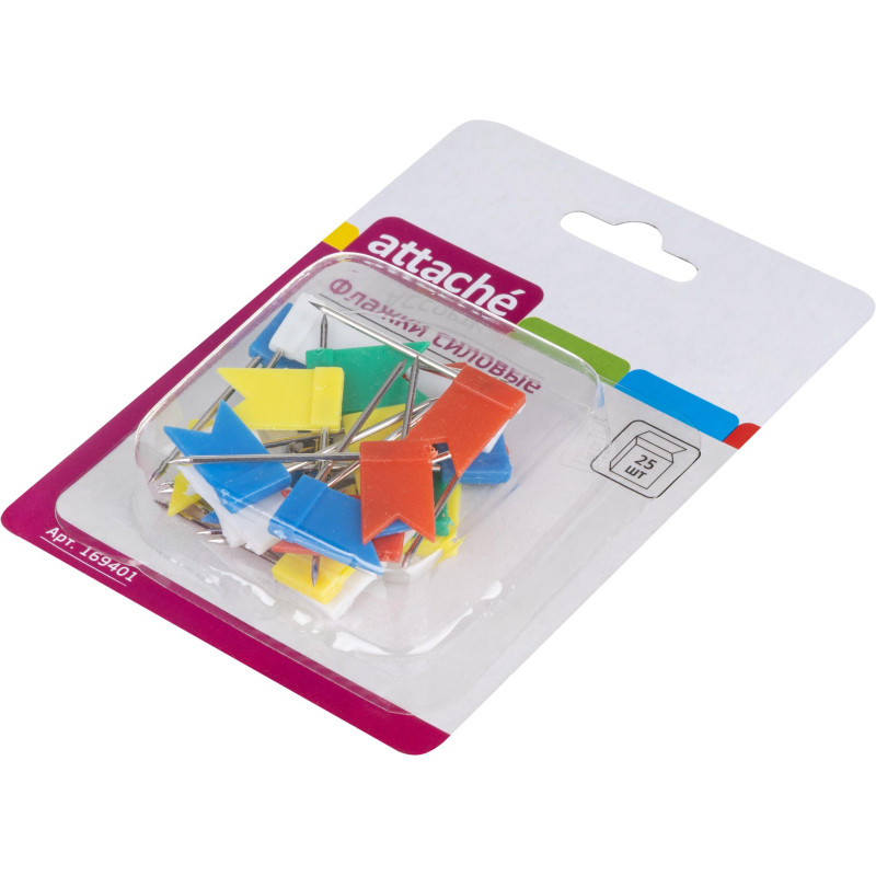 Кнопки силовые д/пробковых досок Attache ФЛАЖКИ,пластик,европ,ассор,25шт/уп
