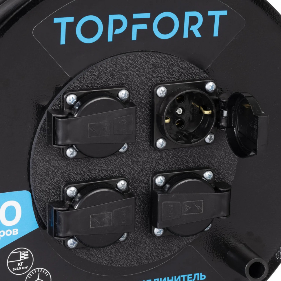 Удлинитель Topfort КГ 3х2,5 50м, на мет.катушке, с/з.,с/загл.,IP44