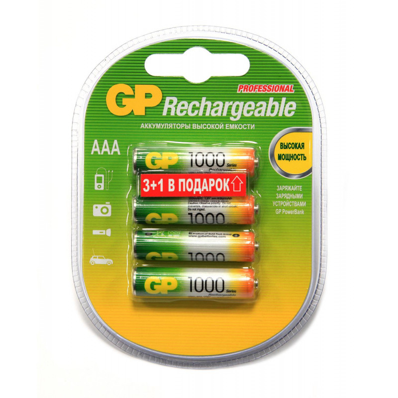 Аккумулятор GP 1000 ser. (min 950mAh) AAA/HR03, 100AAAHC3/1-2DECRC4,бл/4шт Аккумулятор GP 1000 ser. (min 950mAh) AAA/HR03, 100AAAHC3/1-2DECRC4,бл/4шт