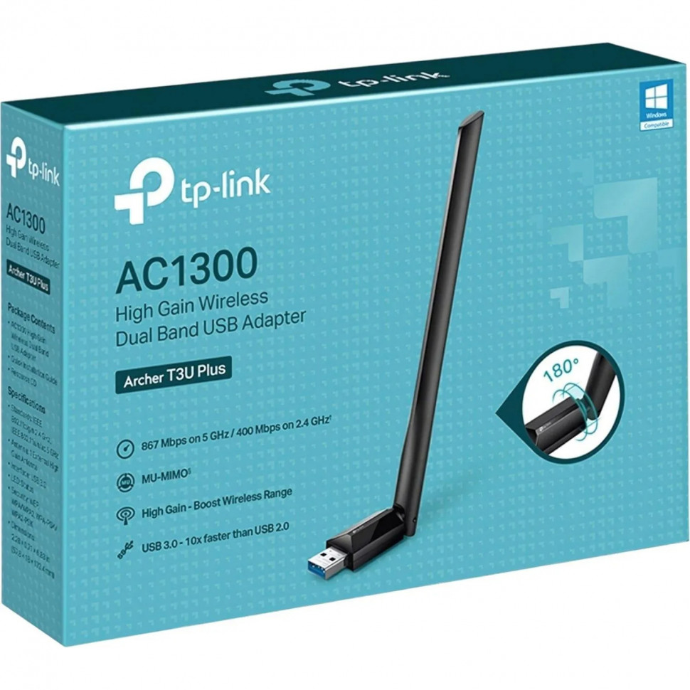 Сетевой адаптер TP-Link Archer T3U Plus,AC1300 двухдиапазонный,Wi-Fi,USB3.0 Сетевой адаптер TP-Link Archer T3U Plus,AC1300 двухдиапазонный,Wi-Fi,USB3.0