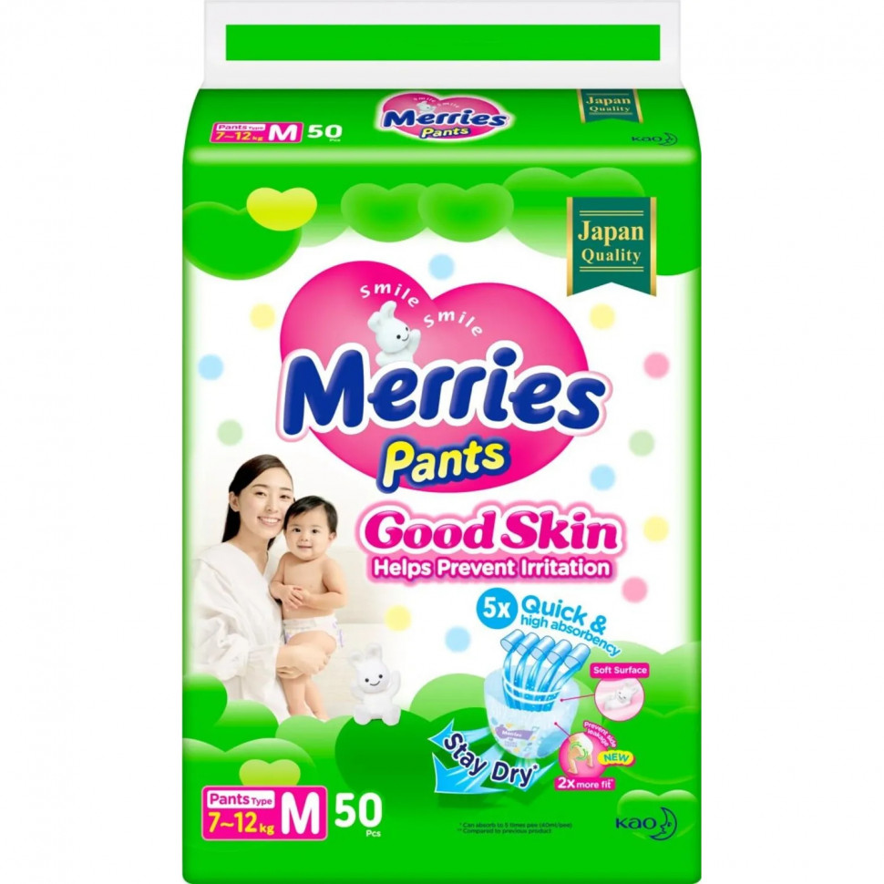 Подгузники -трусики для детей MERRIES Good Skin  М/ 7-12 кг  50 шт/уп