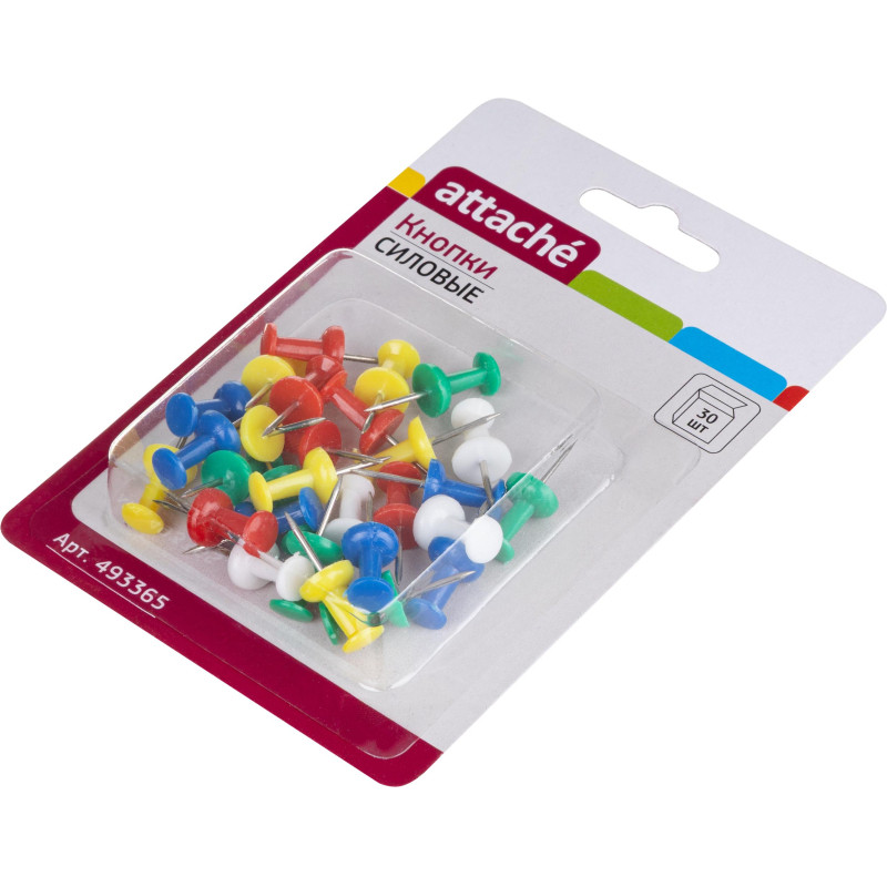 Кнопки силовые д/пробковых досок ATTACHE,пластик,ассорти,европодвес,30шт/уп