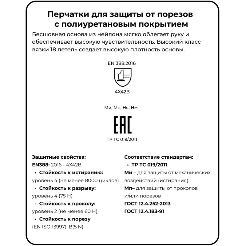 Перчатки защитные от порезов SCAFFA Рубеж ПУ Тач В DY1850-PU р.11