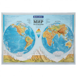 Карта мира физическая "Полушария" 101х69 см, 1:37М, интерактивная, в тубусе, BRAUBERG, 112376