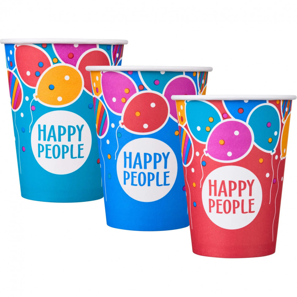 Стакан одноразовый бум односл. 350 мл d-90мм Happy People МИКС  50шт/уп