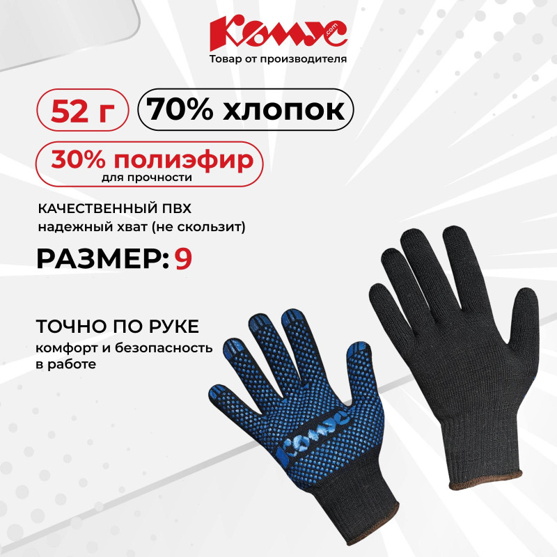 Перчатки защитные трикотажн КОМУС ПВХ Точка 5 нит 52г 10 кл черн р9 5пар/уп