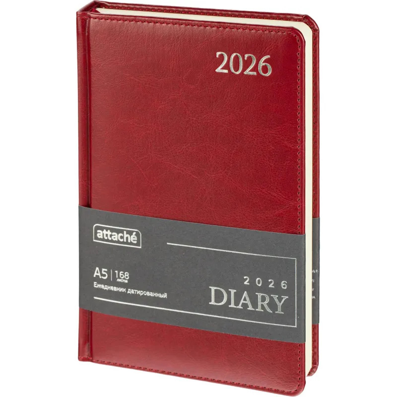 Ежедневник датированный 2026 Attache А5, 168л, 138x213мм, под кожу бордовый
