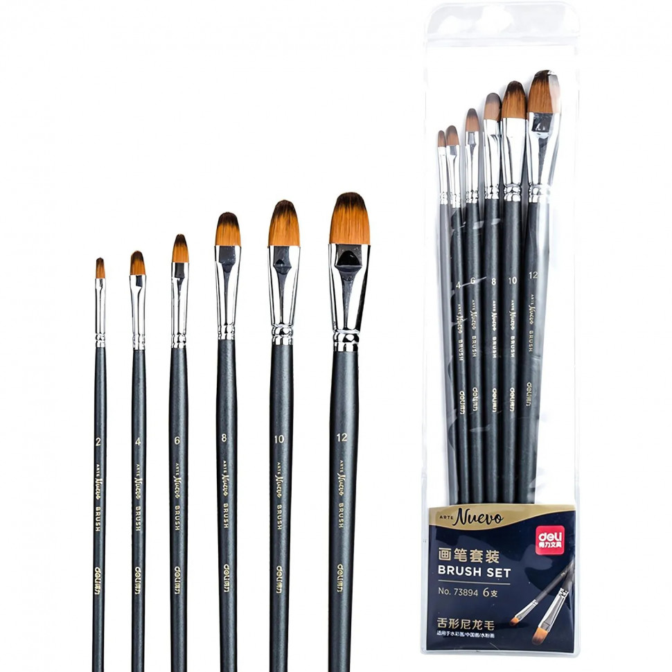 Набор кистей худож.DELI 73894 нейлон плоскоовал,ср.жестк,корот.ручк,6шт/наб