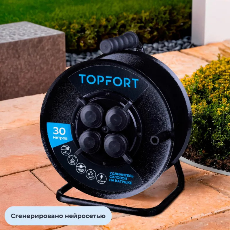 Удлинитель Topfort метал. КГ 3x2,5 кв.мм 30м 16А 4 гнезда с/з.,с/загл.,IP44