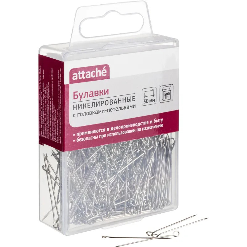 Булавки унив. с гол.петель. ник. Attache, 30 мм, 500 штук, в пласт кор