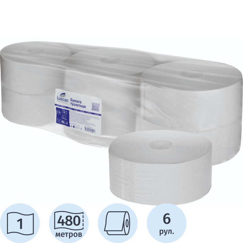 Бумага туалетная д/дисп Luscan Professional 1сл втор 480м 6рул/уп