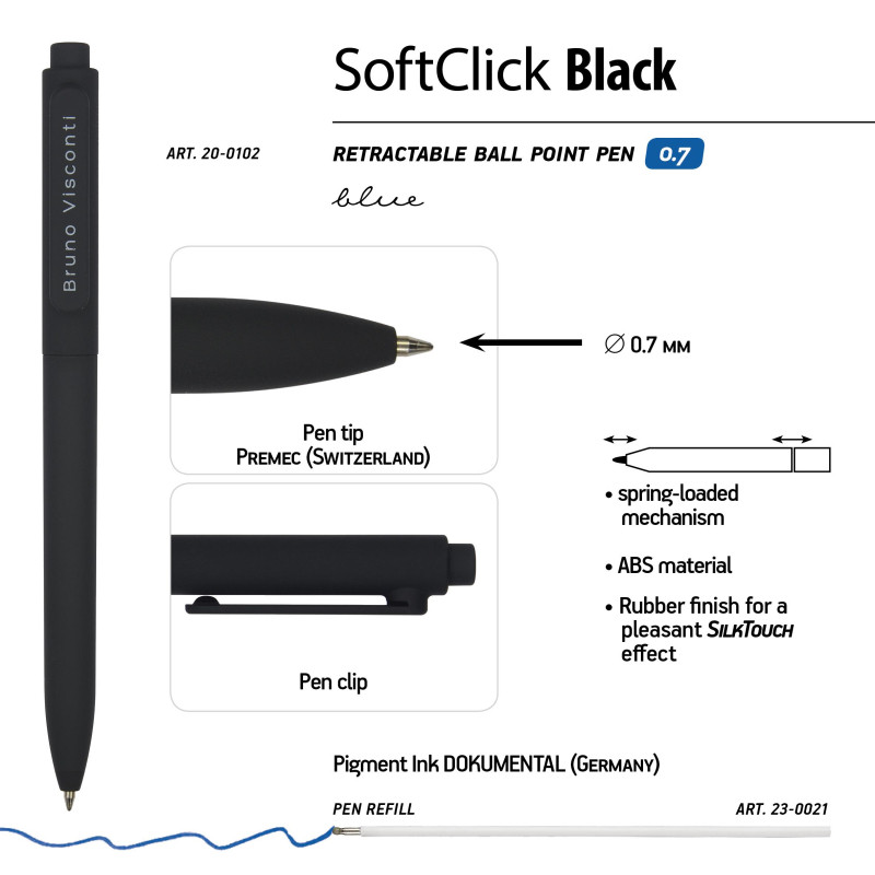 Ручка шариковая автомат. SoftClick.Black 0.7мм синяя 20-0102