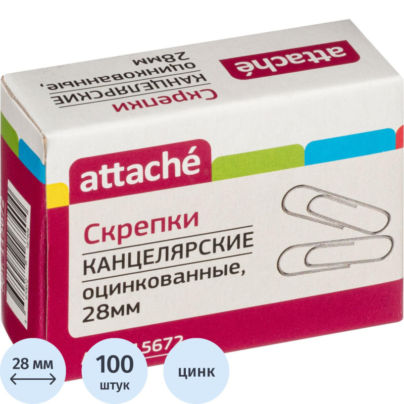 Скрепки Attache оцинкованные,28 мм,негофрированные,100 шт/уп