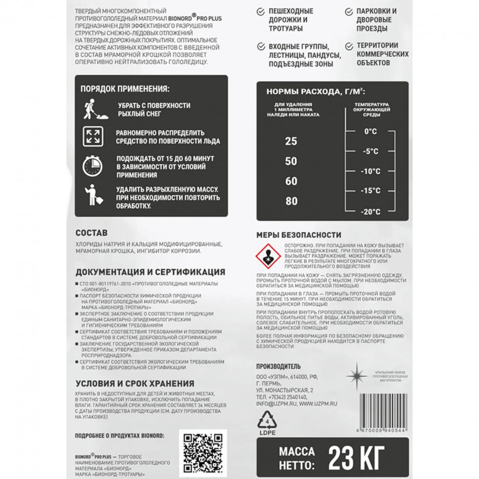 Реагент противогололёдный Bionord Pro Plus до -20С 23кг_СПБ