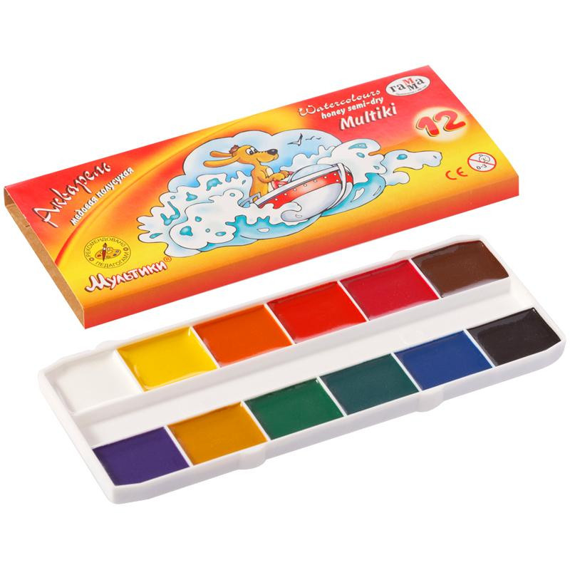Краски акварельные Гамма Мультики, медовая, 12 цветов, без кисти, 211048 Краски акварельные Гамма Мультики, медовая, 12 цветов, без кисти, 211048