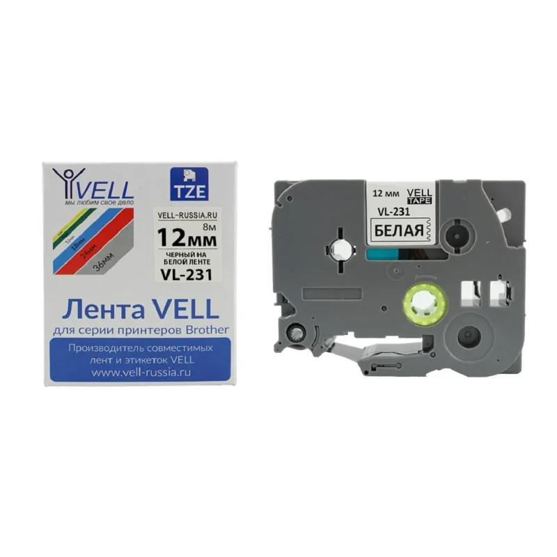 Картридж Vell VL-231 (TZe-231 Brother, 12 мм, чер на белом) для PT {Vell231