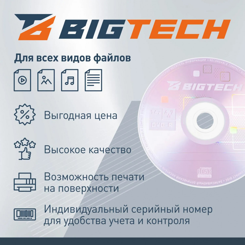 Носители информации Bigtech YDVDRP001 DVD-R 4,7Гб Printable 16x 100/уп cake Носители информации Bigtech YDVDRP001 DVD-R 4,7Гб Printable 16x 100/уп cake