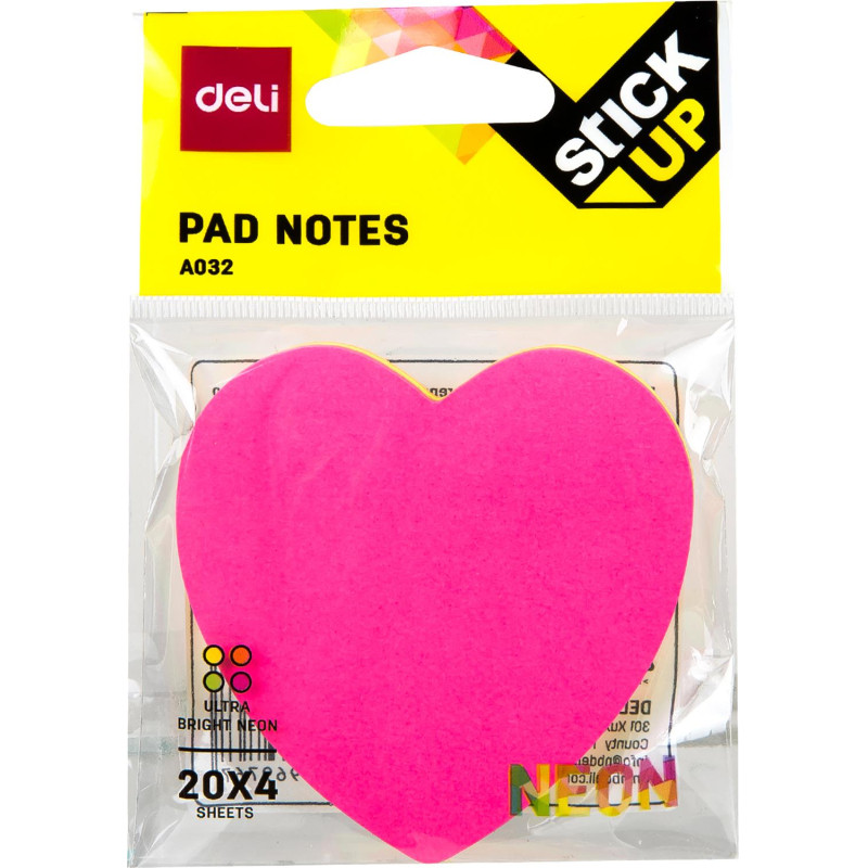 Стикеры с клеевым краем Deli 76х76 мм,20 листов,неон-е,форма в асс-те      