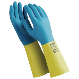 Перчатки латексно-неопреновые MANIPULA "Союз", хлопчатобумажное напыление, размер 9-9,5 ( L), синие/желтые, LN-F-05