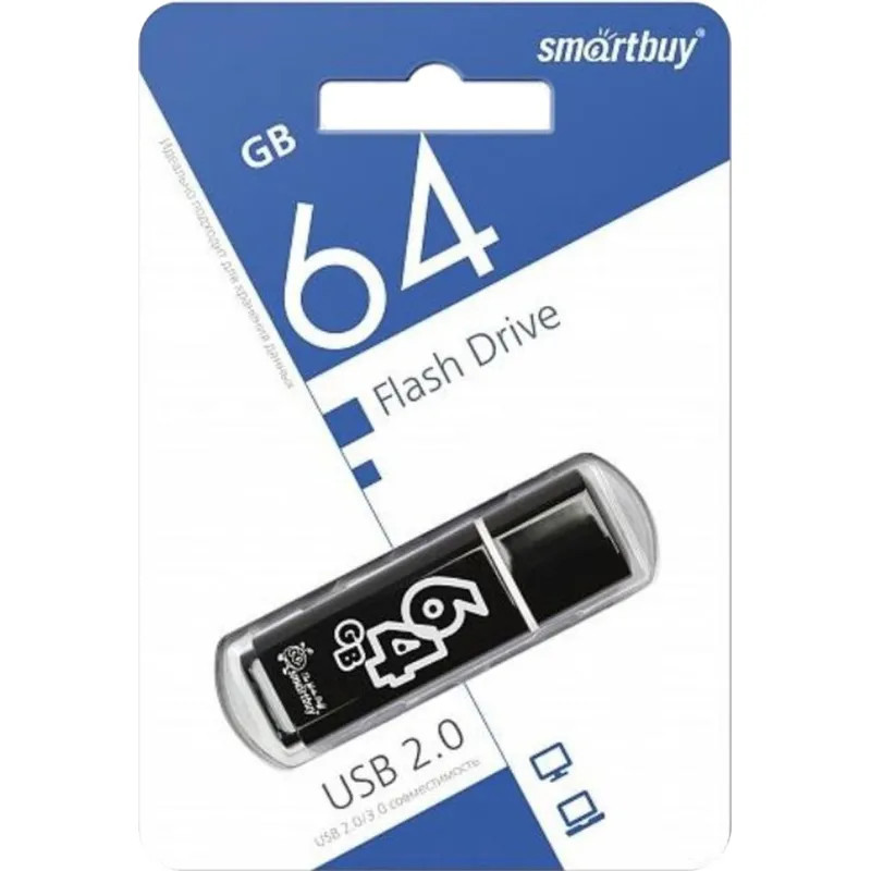 Флеш-память Smartbuy Glossy, 64Gb, USB 2.0, чер, SB64GBGS-K